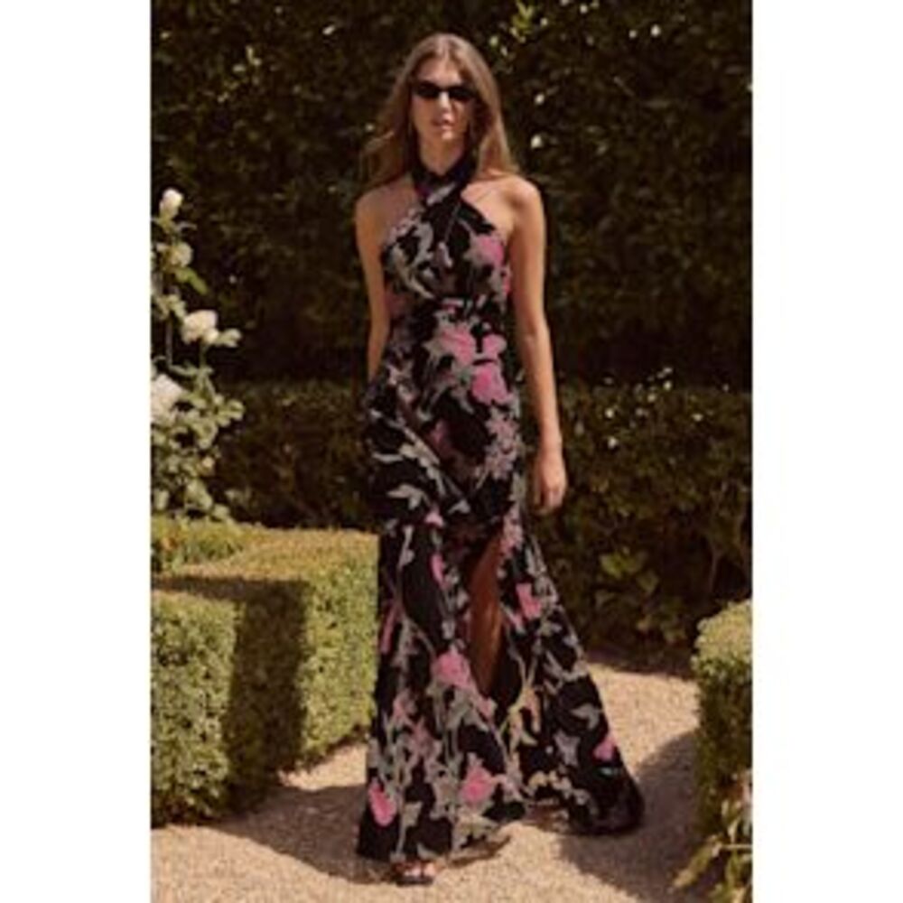 Flawlessly Gorgeous Black Burnout Floral Halter Maxi Dress